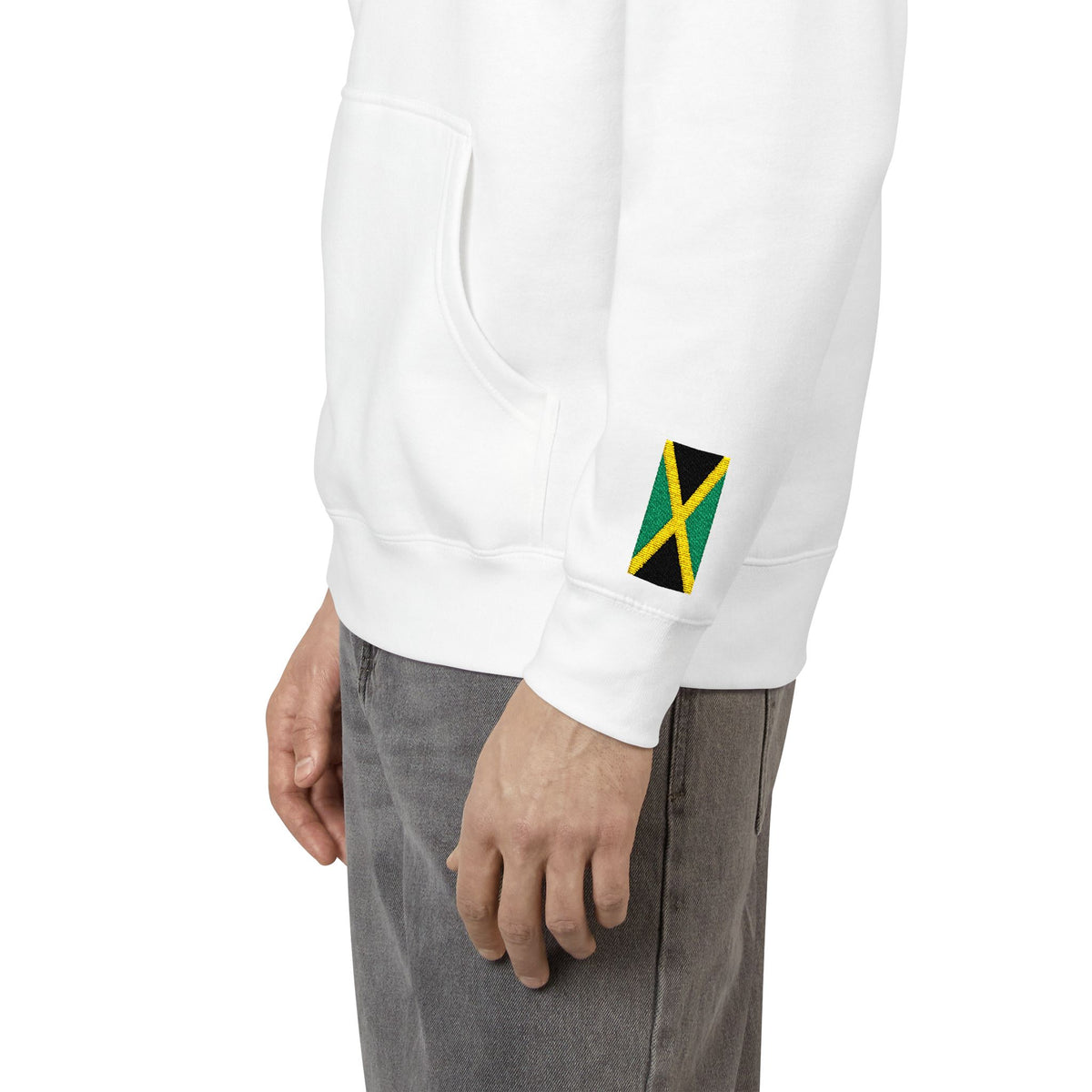 Jamaican American Flag Fleece Hoodie | Jamaica USA Dual Heritage Naturalization Gift | Personalized Initials | Embroidered Sleeve Flags - Proud & Loyal