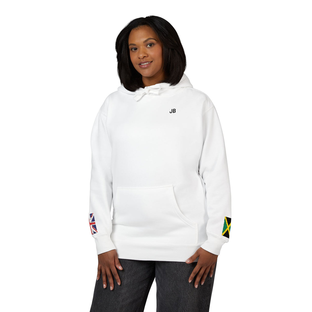 Jamaican British Flag Fleece Hoodie | Jamaica UK Dual Heritage Gift | Personalized Initials | Embroidered Sleeve Flags | United Kingdom - Proud & Loyal