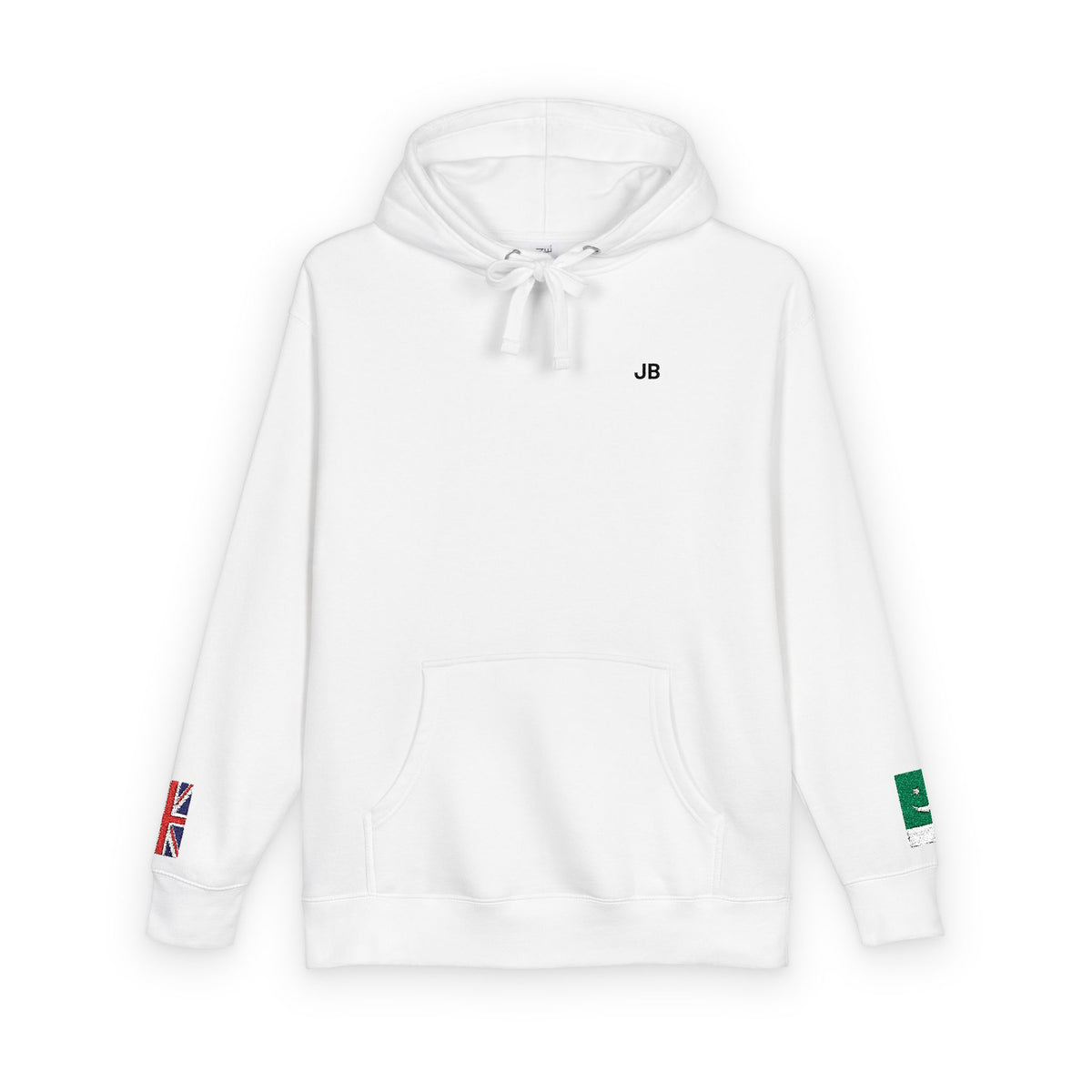 Pakistani British Flag Fleece Hoodie | Pakistan UK Dual Heritage Gift | Personalized Initials | Embroidered Sleeve Flags | United Kingdom - Proud & Loyal