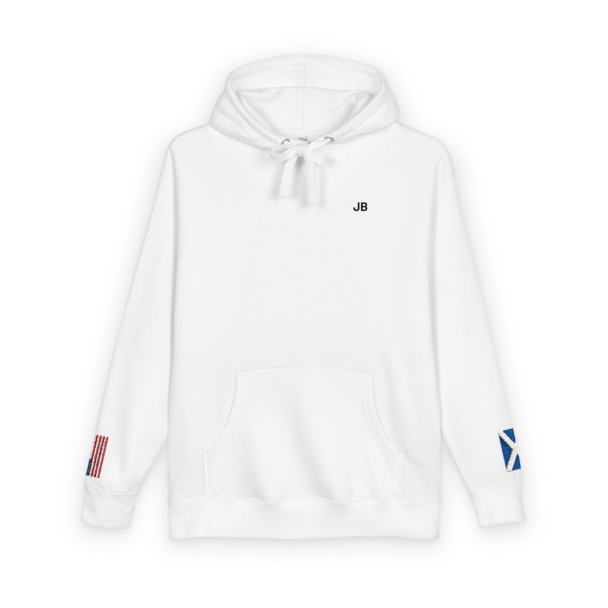 Scottish American Flag Fleece Hoodie | Scotland USA Dual Heritage Naturalization Gift | Personalized Initials | Embroidered Sleeve Flags - Proud & Loyal