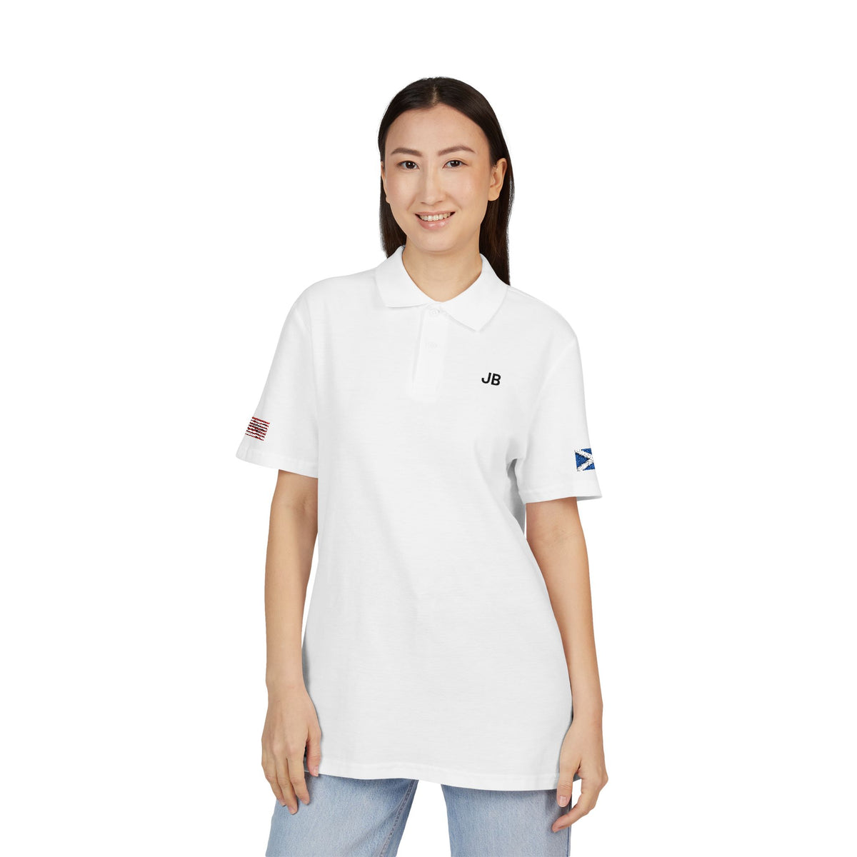 Scottish American Heritage Polo Shirt, Scotland USA Flag Embroidered Polo, Custom Initials, Cotton Pique Shirt, Scottish Gift - Proud & Loyal