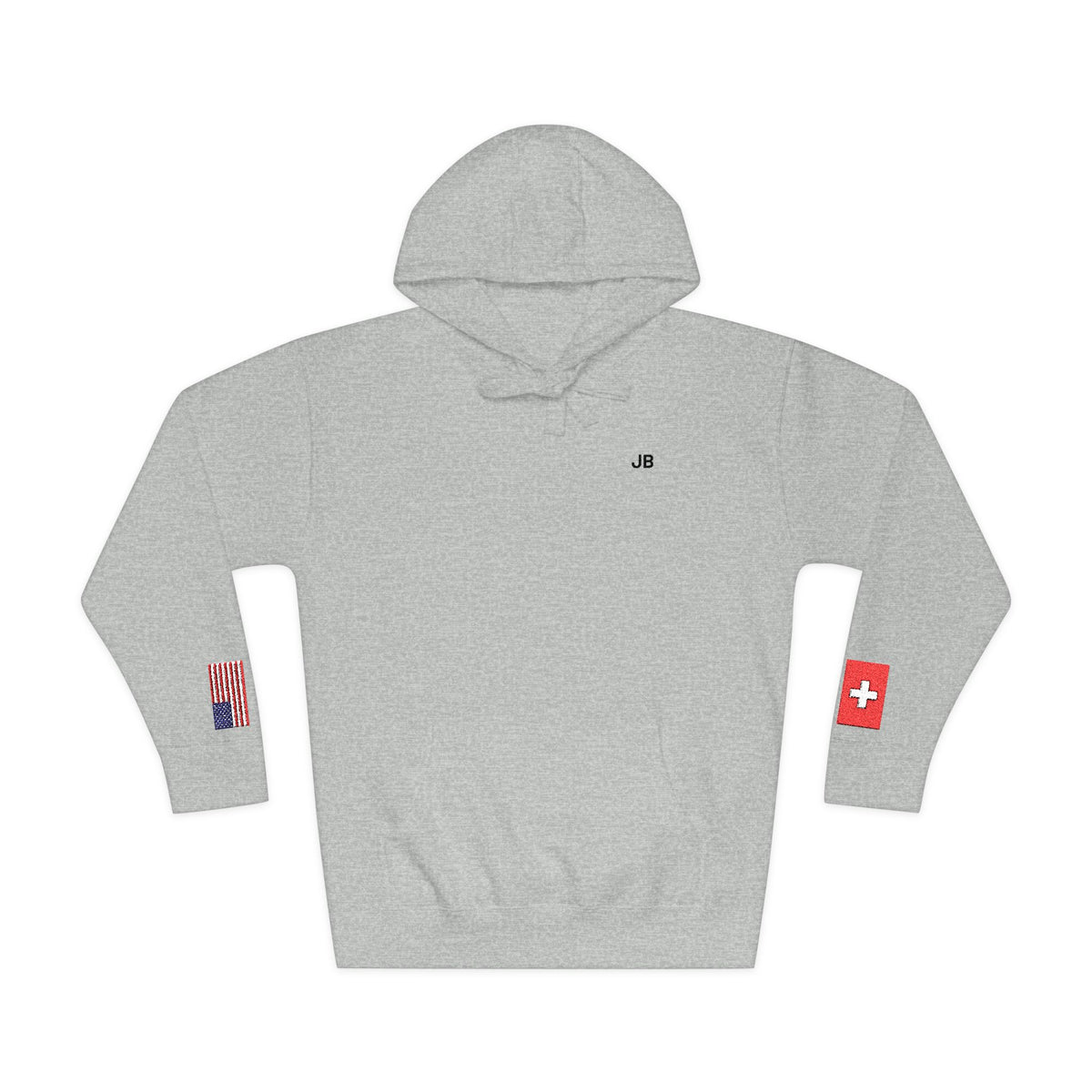 Swiss American Flag Fleece Hoodie | Switzerland USA Dual Heritage Naturalization Gift | Personalized Initials | Embroidered Sleeve Flags - Proud & Loyal