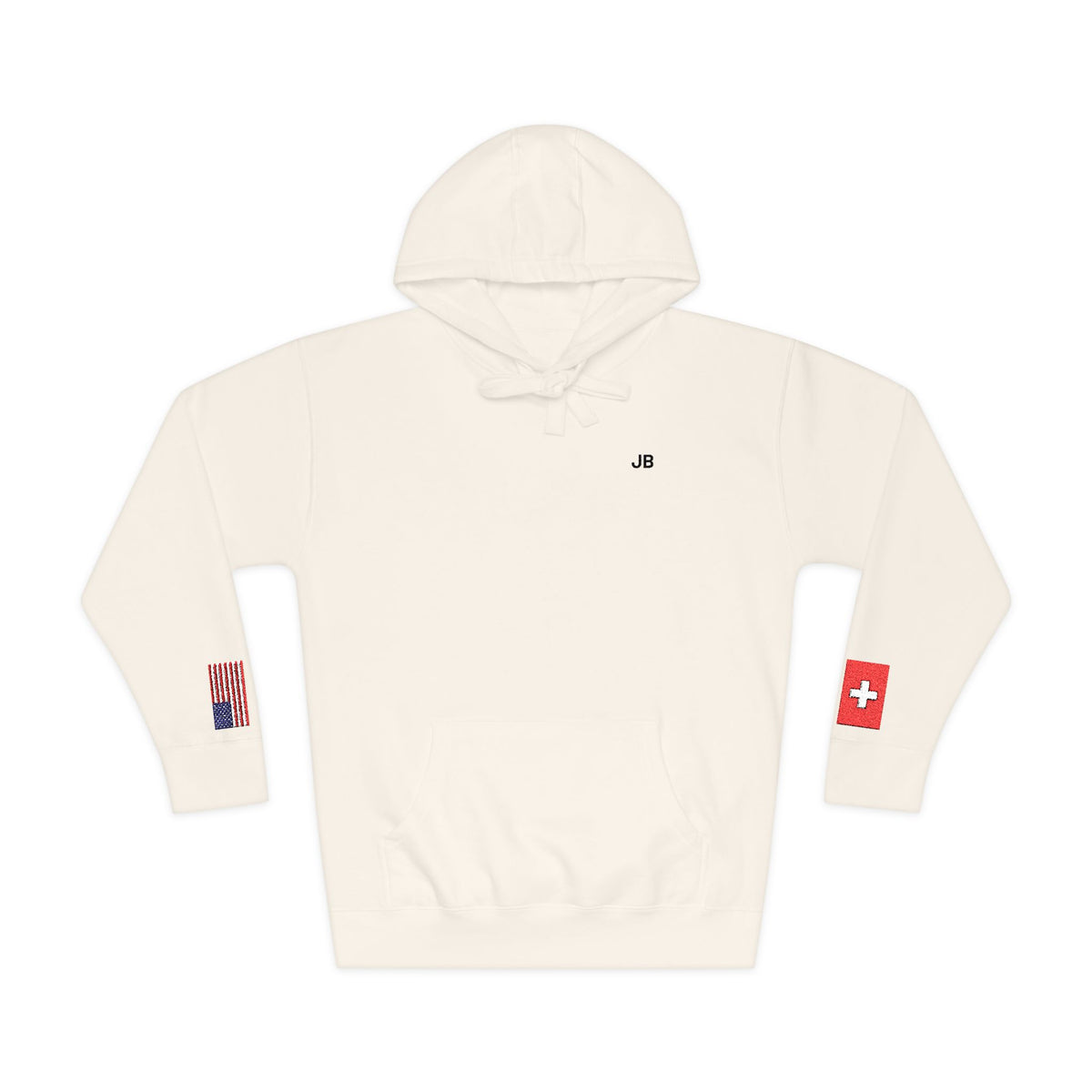 Swiss American Flag Fleece Hoodie | Switzerland USA Dual Heritage Naturalization Gift | Personalized Initials | Embroidered Sleeve Flags - Proud & Loyal