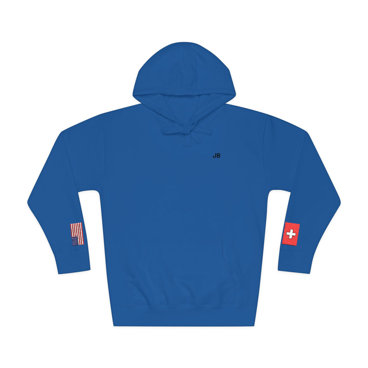 Swiss American Flag Fleece Hoodie | Switzerland USA Dual Heritage Naturalization Gift | Personalized Initials | Embroidered Sleeve Flags - Proud & Loyal