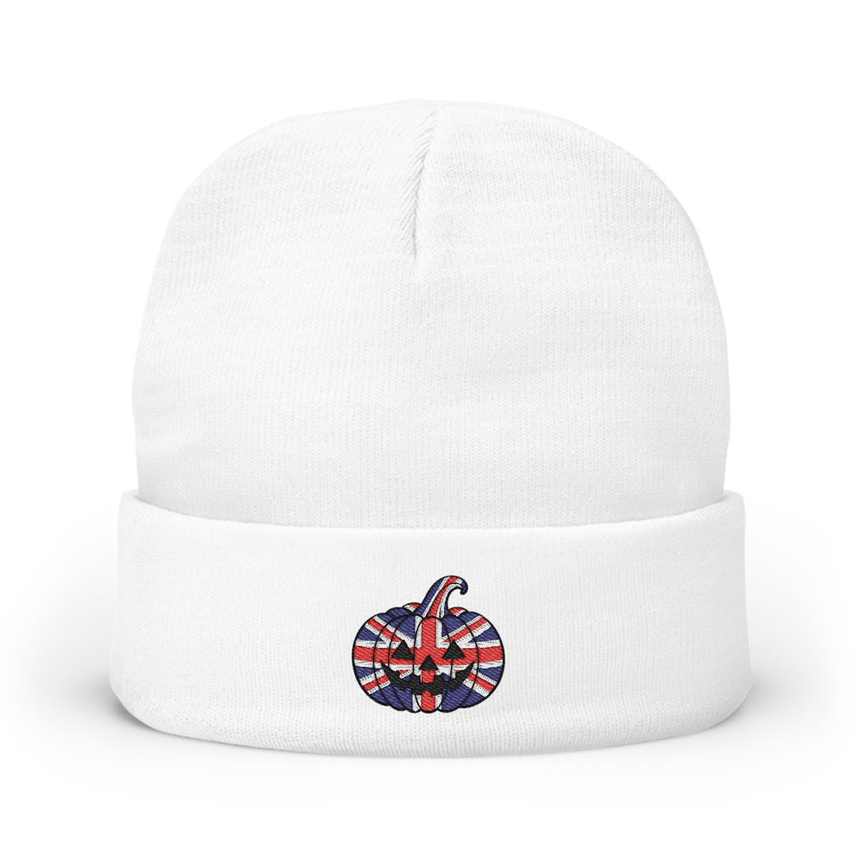 Limited Edition British UK Flag Pumpkin Embroidered Halloween Beanie, Cotton Blend Knit Hat, Union Jack Halloween Gift