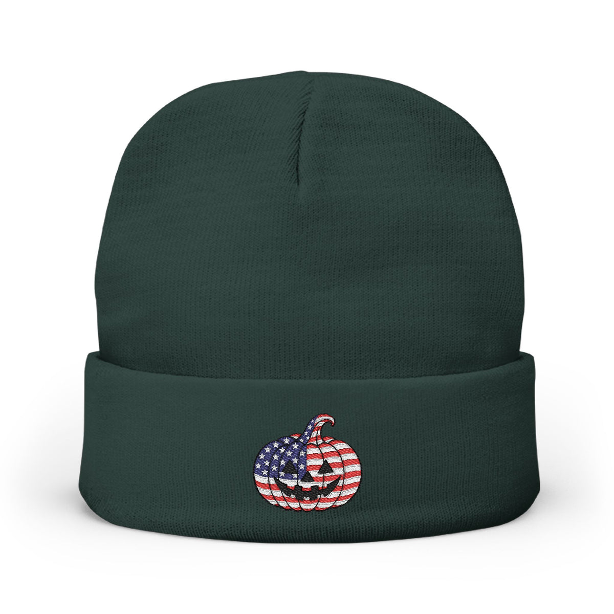 Limited Edition American USA Flag Pumpkin Embroidered Halloween Beanie, Cotton Blend Knit Hat, Patriotic Heritage Halloween Gift
