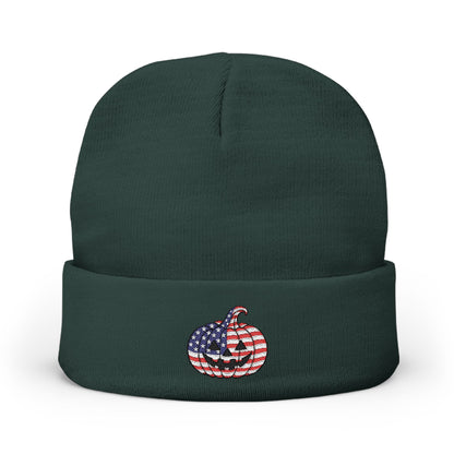 Limited Edition American USA Flag Pumpkin Embroidered Halloween Beanie, Cotton Blend Knit Hat, Patriotic Heritage Halloween Gift