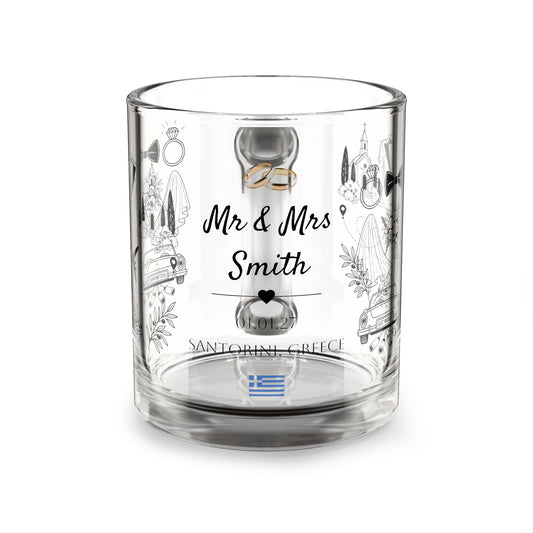 Personalized Destination Wedding Glass Mug 10oz, Custom Mr and Mrs Coffee Cup, Wedding Location Date and Country Flag, Newlywed Gift