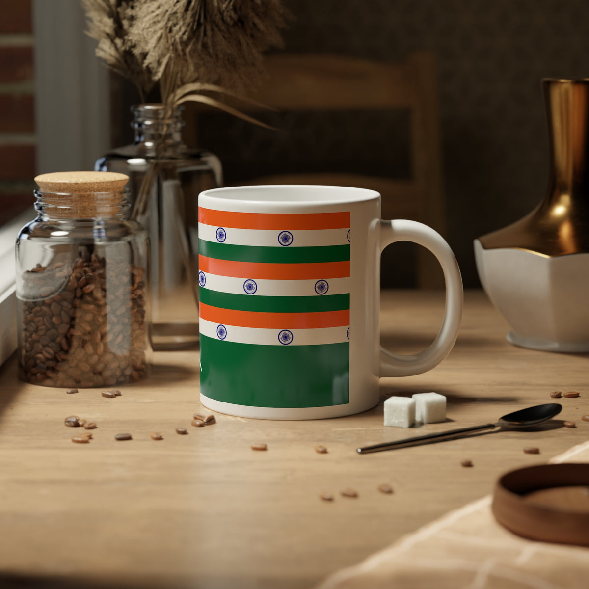 Personalized India Flag Mug, Custom Indian Heritage Coffee Cup, 20oz Ceramic Mug, Saffron White Green Flag Pattern, India Gift