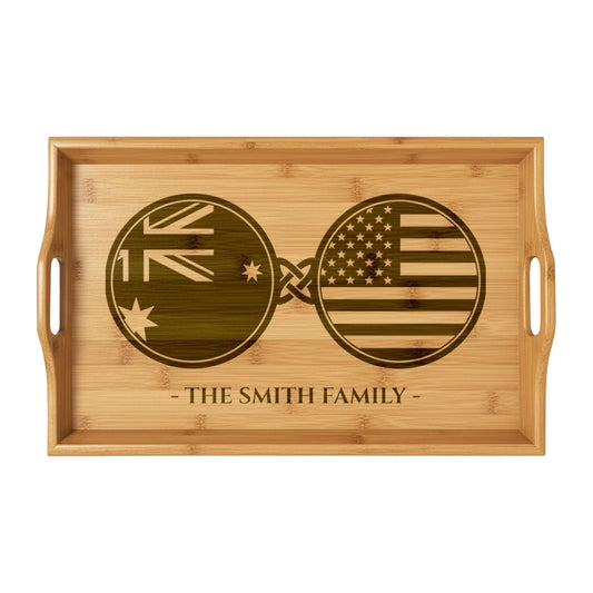 Australia Australian American Custom Engraved Bamboo Serving Tray, Personalized Name Wooden Valet Tray, America USA Dual Heritage Gift