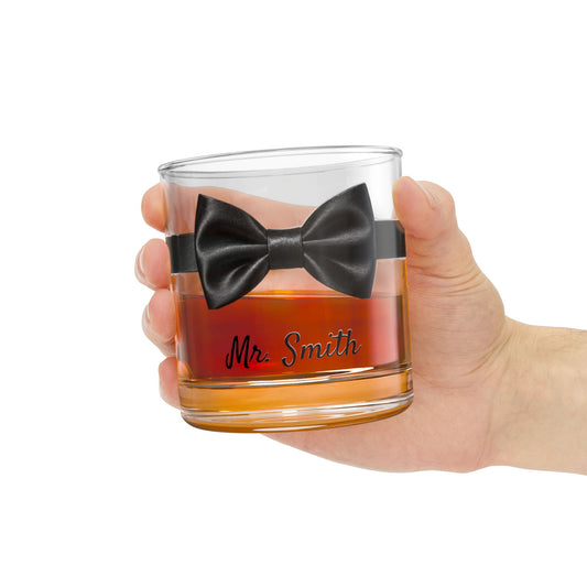 Personalized Destination Wedding Rocks Glass, Custom Black Bow Tie Mr Groom Cocktail Glass, 10oz Whiskey Tumbler, Flag, Husband Wedding Gift
