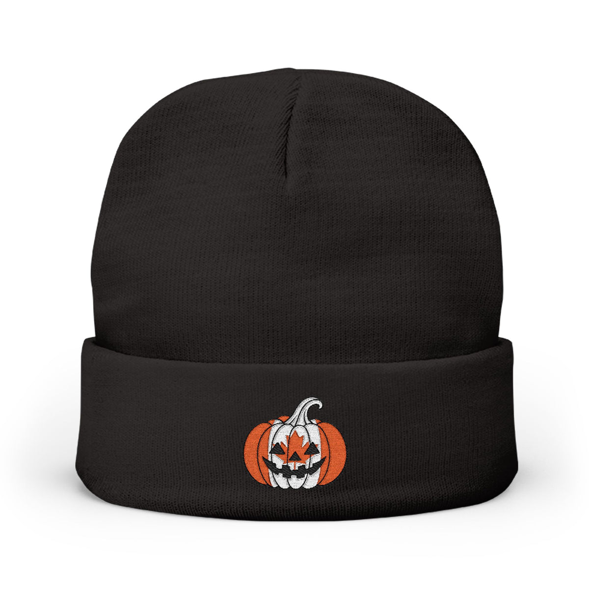 Limited Edition Canadian Canada Flag Pumpkin Embroidered Halloween Beanie, Cotton Blend Knit Hat, Maple Leaf Heritage Halloween Gift