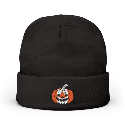 Limited Edition Canadian Canada Flag Pumpkin Embroidered Halloween Beanie, Cotton Blend Knit Hat, Maple Leaf Heritage Halloween Gift