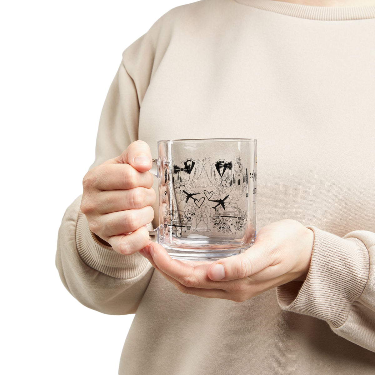 Personalized Destination Wedding Glass Mug 10oz, Custom Mr and Mrs Coffee Cup, Wedding Location Date and Country Flag, Newlywed Gift