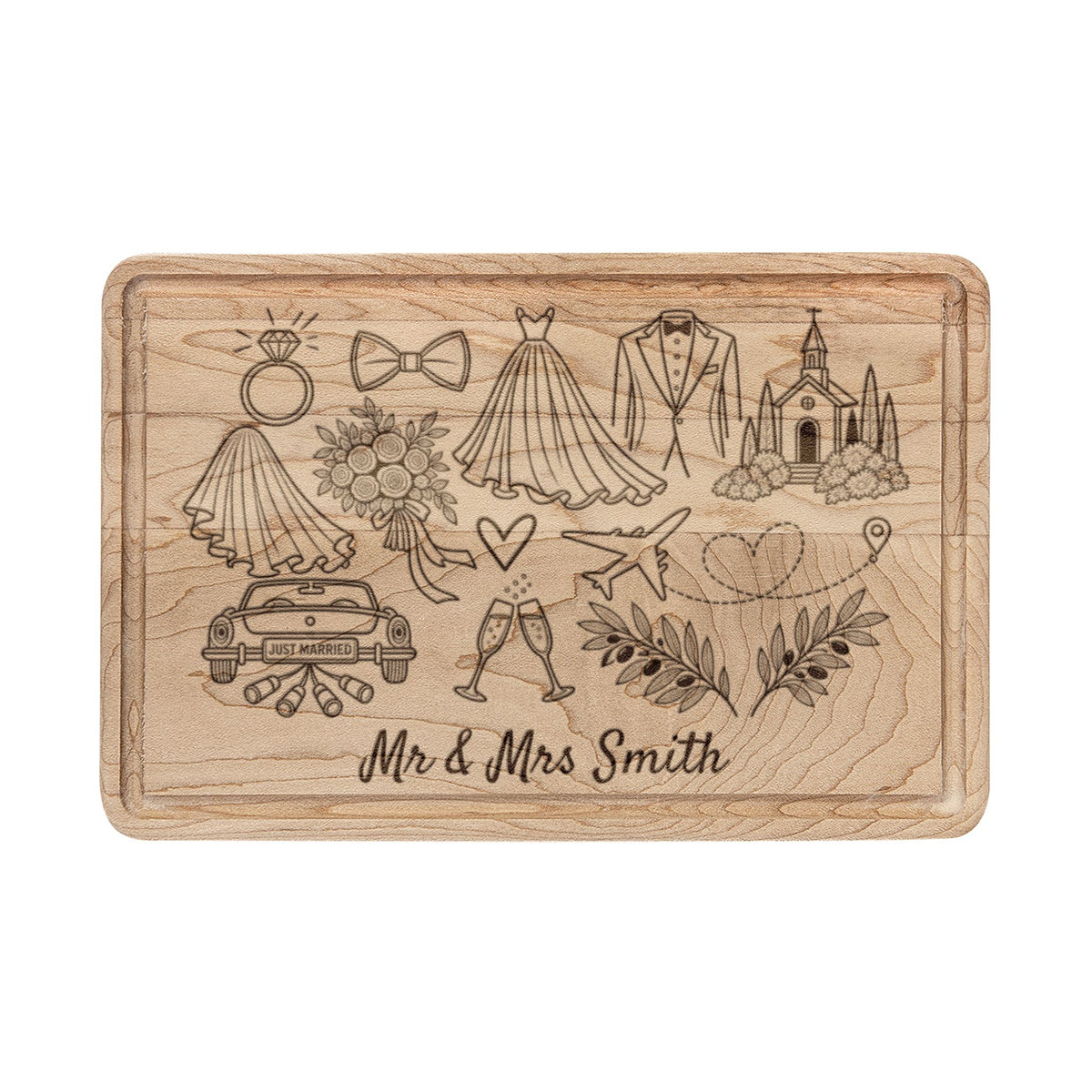Personalized Destination Wedding Cutting Board, Engraved Mr & Mrs Wood Keepsake (Maple or Walnut)
