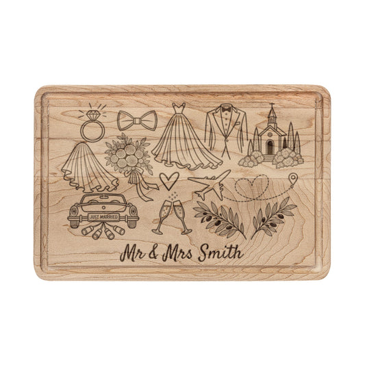 Personalized Destination Wedding Cutting Board, Engraved Mr & Mrs Wood Keepsake (Maple or Walnut)
