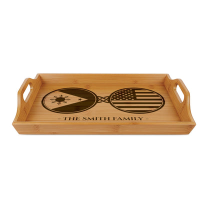 Filipino America Custom Engraved Bamboo Serving Tray, Personalized Name Wooden Valet Tray, Philippines American USA Dual Heritage