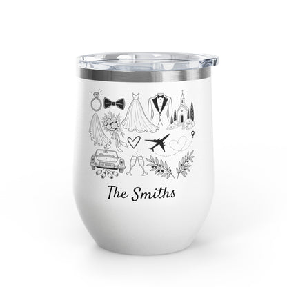 Personalized Destination Wedding Wine Tumbler 12oz, Custom Bride & Groom Cup Wedding Location Flag, Date and Names, Newlywed Gift