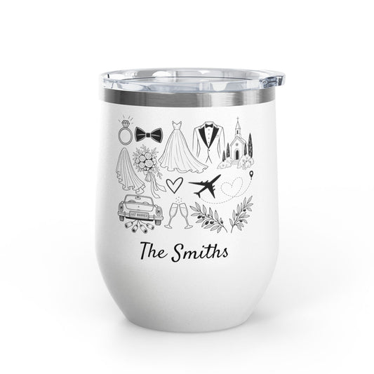 Personalized Destination Wedding Wine Tumbler 12oz, Custom Bride & Groom Cup Wedding Location Flag, Date and Names, Newlywed Gift