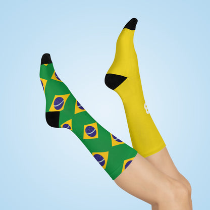 Personalized Brazil Flag Socks, Custom Initials Brazilian Heritage Crew Socks, Cushioned Brazilian Gift