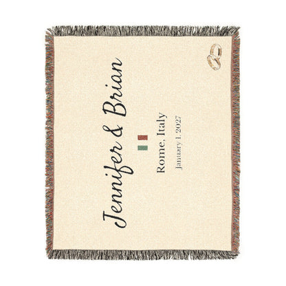 Personalized Destination Wedding Woven Blanket, Custom Couple Name, Wedding Date and Country Flag, 60x50 Cotton Throw, Wedding Keepsake Gift