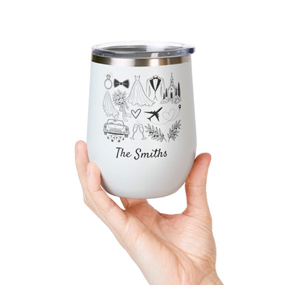 Personalized Destination Wedding Wine Tumbler 12oz, Custom Bride & Groom Cup Wedding Location Flag, Date and Names, Newlywed Gift
