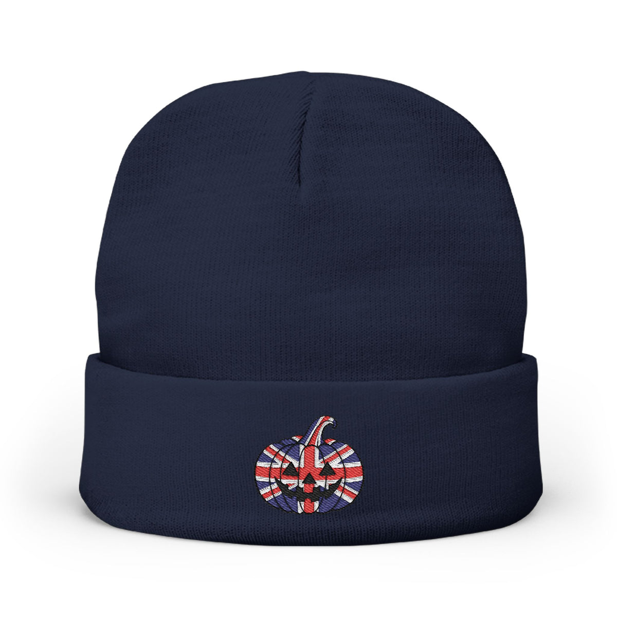 Limited Edition British UK Flag Pumpkin Embroidered Halloween Beanie, Cotton Blend Knit Hat, Union Jack Halloween Gift