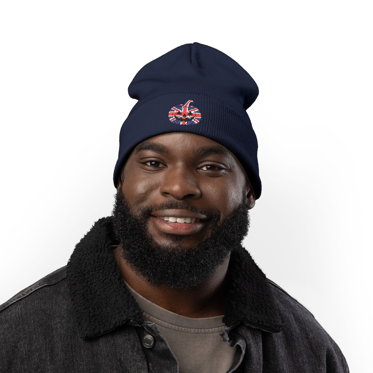 Limited Edition British UK Flag Pumpkin Embroidered Halloween Beanie, Cotton Blend Knit Hat, Union Jack Halloween Gift