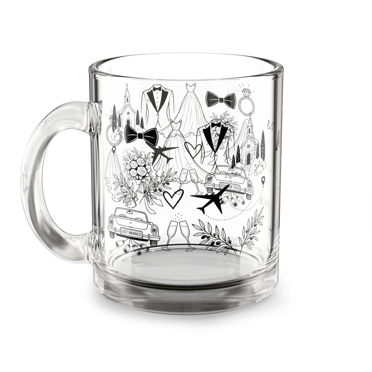Personalized Destination Wedding Glass Mug 10oz, Custom Mr and Mrs Coffee Cup, Wedding Location Date and Country Flag, Newlywed Gift