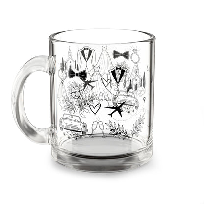 Personalized Destination Wedding Glass Mug 10oz, Custom Mr and Mrs Coffee Cup, Wedding Location Date and Country Flag, Newlywed Gift