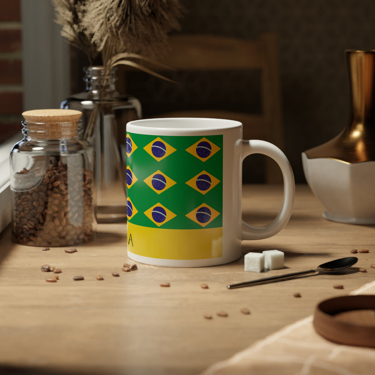 Personalized Brazil Flag Mug, Custom Brazilian Heritage Coffee Cup, 20oz Ceramic Mug, Green Yellow Blue Flag Pattern, Brazil Gift