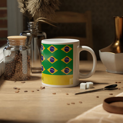 Personalized Brazil Flag Mug, Custom Brazilian Heritage Coffee Cup, 20oz Ceramic Mug, Green Yellow Blue Flag Pattern, Brazil Gift