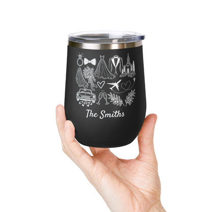 Personalized Destination Wedding Wine Tumbler 12oz, Custom Bride & Groom Cup Wedding Location Flag, Date and Names, Newlywed Gift