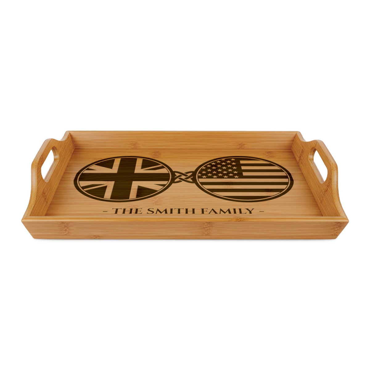 Britain British America Custom Engraved Bamboo Serving Tray, Personalized Name Wooden Tray, UK United Kingdom American USA Dual Heritage
