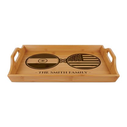 India Indian American Custom Engraved Bamboo Serving Tray, Personalized Name Wooden Valet Tray, America USA Dual Heritage Ottoman Gift