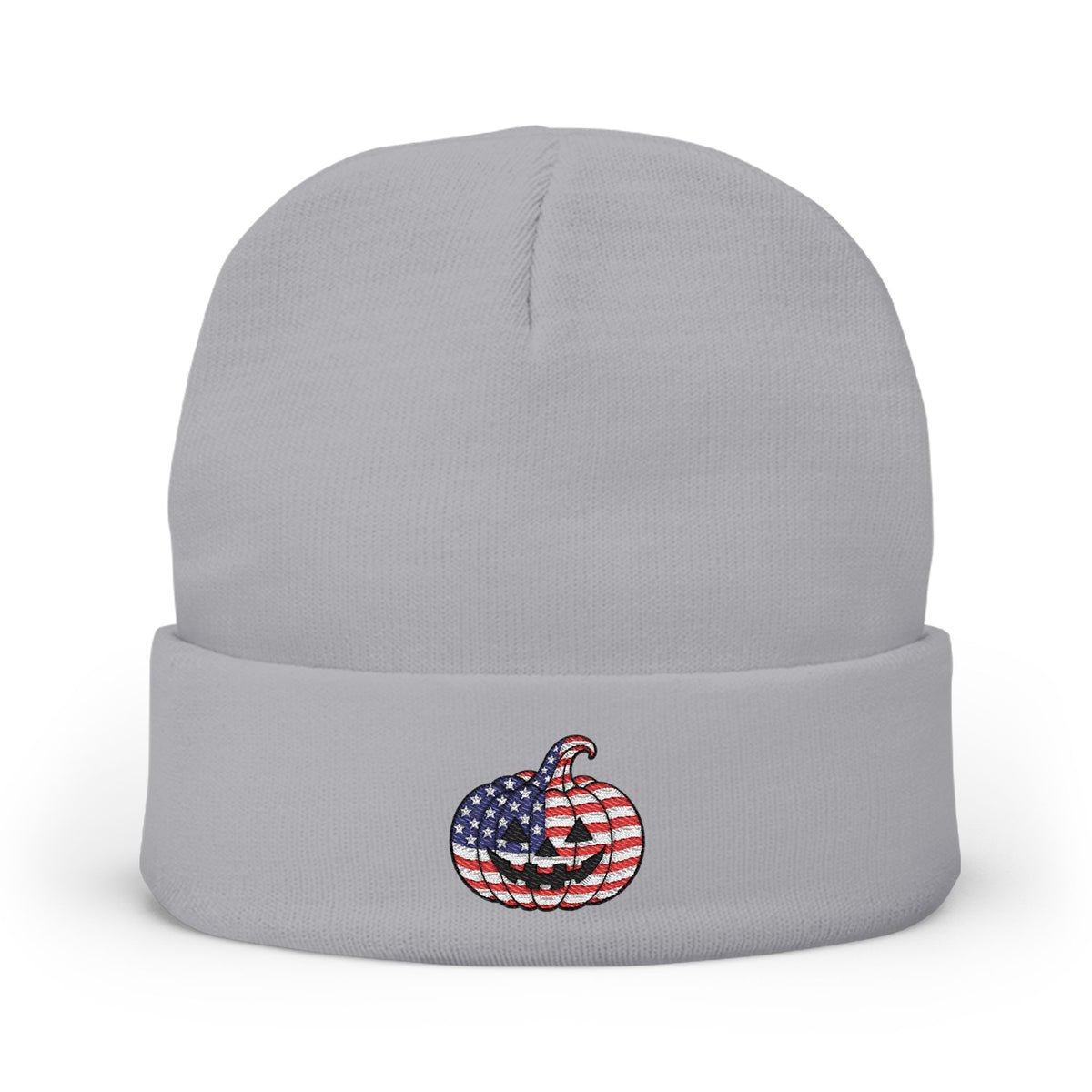 Limited Edition American USA Flag Pumpkin Embroidered Halloween Beanie, Cotton Blend Knit Hat, Patriotic Heritage Halloween Gift