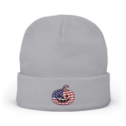 Limited Edition American USA Flag Pumpkin Embroidered Halloween Beanie, Cotton Blend Knit Hat, Patriotic Heritage Halloween Gift