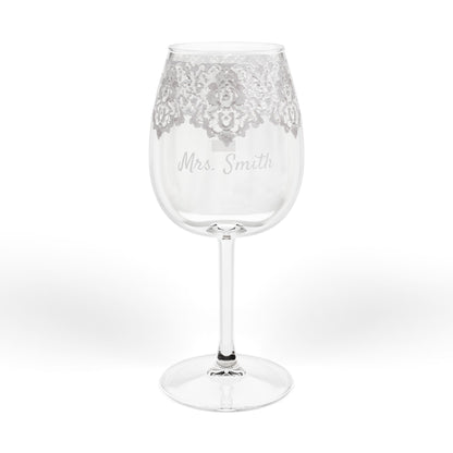 Personalized Destination Wedding Wine Glass, Custom Mrs Bridal Glass with Country Flag, 12oz Lace Wedding Stemware, Bride Gift Keepsake