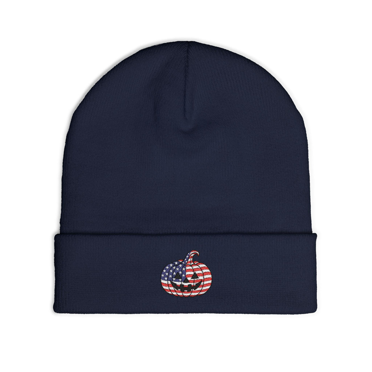 Limited Edition American USA Flag Pumpkin Embroidered Halloween Beanie, Cotton Blend Knit Hat, Patriotic Heritage Halloween Gift