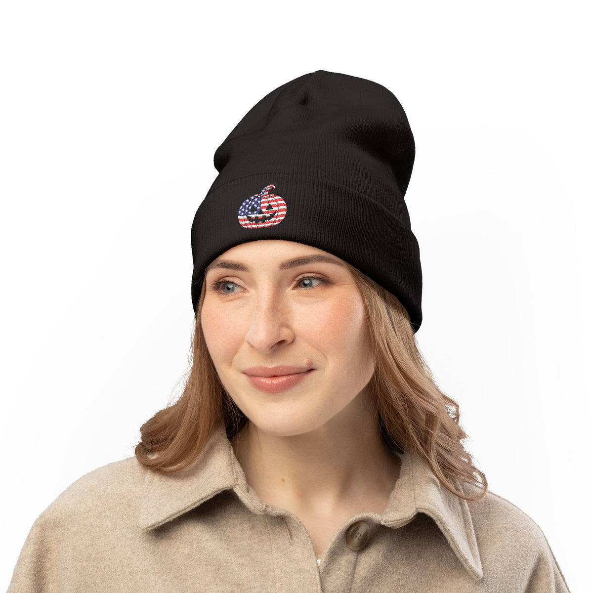 Limited Edition American USA Flag Pumpkin Embroidered Halloween Beanie, Cotton Blend Knit Hat, Patriotic Heritage Halloween Gift