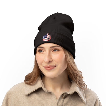 Limited Edition American USA Flag Pumpkin Embroidered Halloween Beanie, Cotton Blend Knit Hat, Patriotic Heritage Halloween Gift