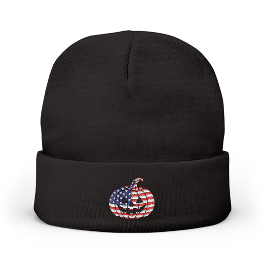 Limited Edition American USA Flag Pumpkin Embroidered Halloween Beanie, Cotton Blend Knit Hat, Patriotic Heritage Halloween Gift