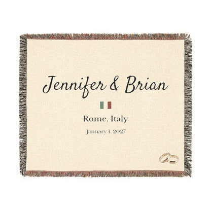 Personalized Destination Wedding Woven Blanket, Custom Couple Name, Wedding Date and Country Flag, 60x50 Cotton Throw, Wedding Keepsake Gift