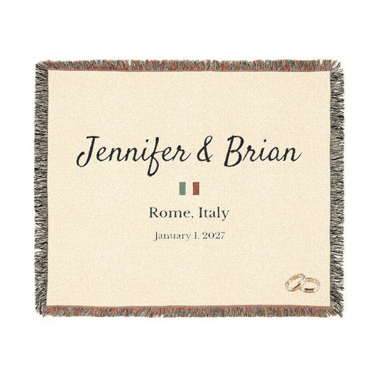 Personalized Destination Wedding Woven Blanket, Custom Couple Name, Wedding Date and Country Flag, 60x50 Cotton Throw, Wedding Keepsake Gift