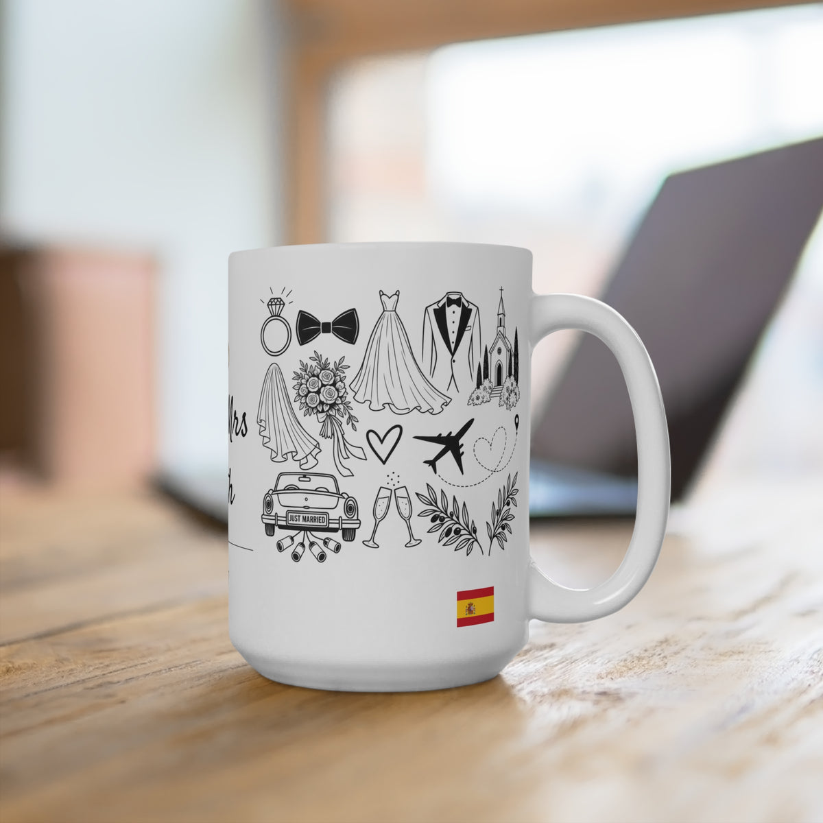Personalized Destination Wedding Mug 15oz, Custom Mr & Mrs Coffee Cup, Wedding Date and Country Flag, Gold Wedding Rings, Newlywed Gift