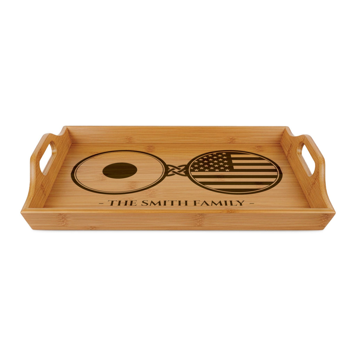 Japan America Nihon Nippon Custom Engraved Bamboo Serving Tray, Personalized Name Wooden Valet Tray, Japanese American USA Dual Heritage