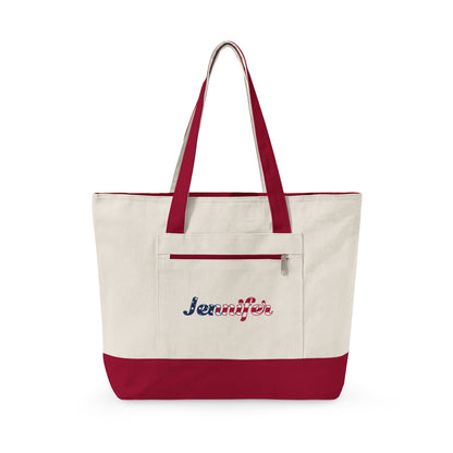 Personalized Your Name in American Flag Letters Canvas Tote Bag, Custom Name USA Flag, Zippered Cotton Bag, Patriotic American Heritage