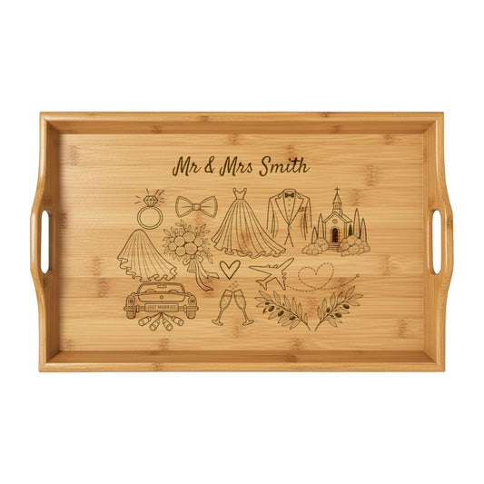 Personalized Destination Wedding Bamboo Serving Tray, Engraved Mr & Mrs Wedding Gift, Custom Couple Names, Honeymoon Keepsake, 16.5 Inch