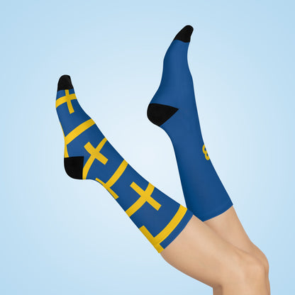 Personalized Sweden Flag Socks, Custom Initials Swedish Heritage Crew Socks, Cushioned Nordic Gift