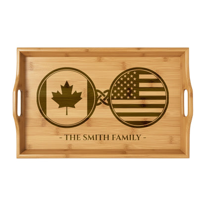 Canada Canadian American Custom Engraved Bamboo Serving Tray, Personalized Name Wooden Valet Tray, America USA Dual Heritage Ottoman Gift